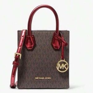 Michael Kors NWT Mercer metallic crimson Red and Brown logo mini crossbody